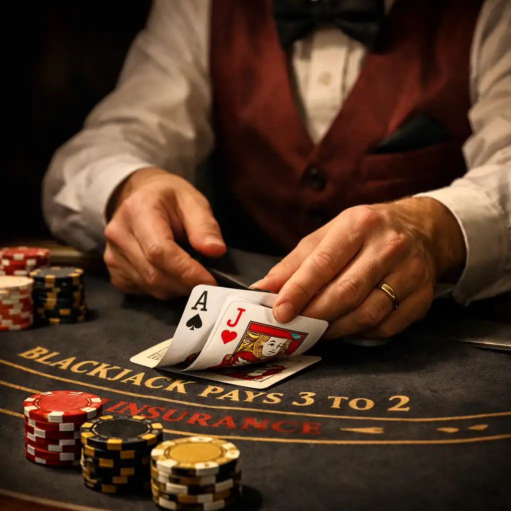 Krupier rozdający karty przy stole do blackjacka w prawdziwym kasynie
