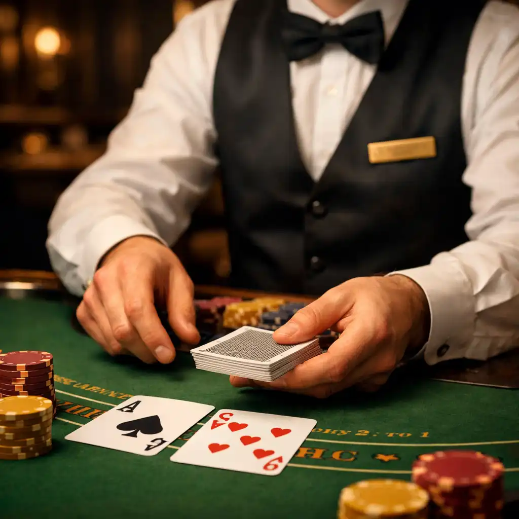 Profesjonalny krupier w eleganckim uniformie rozdaje karty na stole do blackjacka w prawdziwej strefie kasynowej