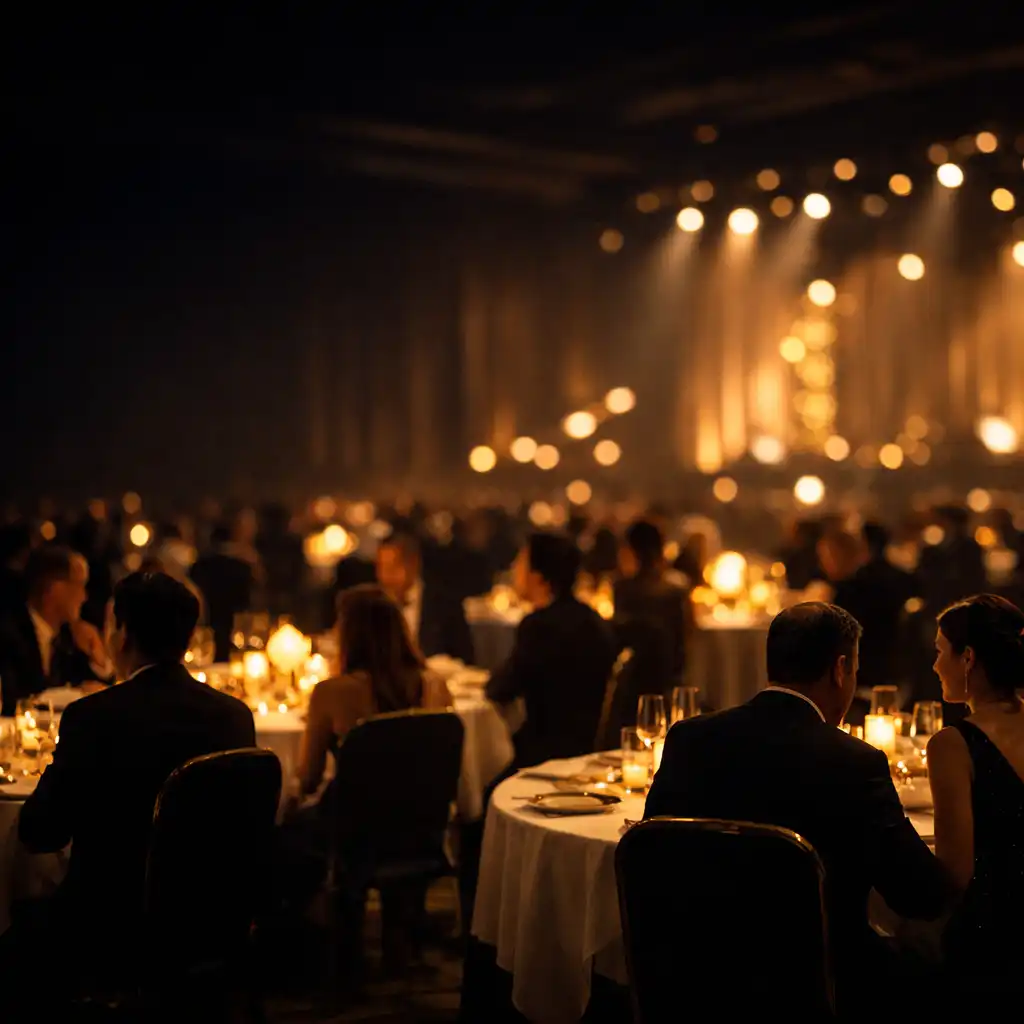 Elegancka sala bankietowa podczas eventu firmowego z ciepłym oświetleniem i gośćmi w formalnych strojach