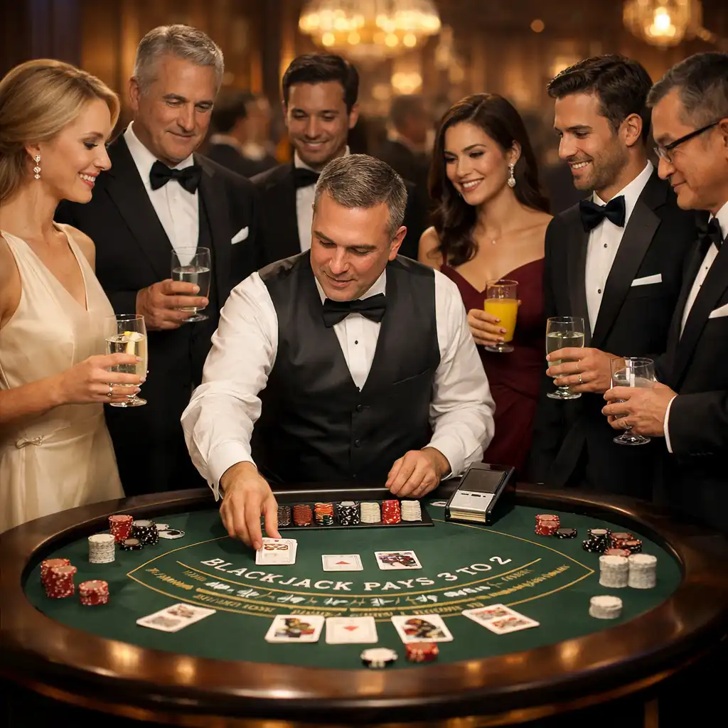 Goście w formalnych strojach grający przy stole do blackjacka podczas eleganckiej gali