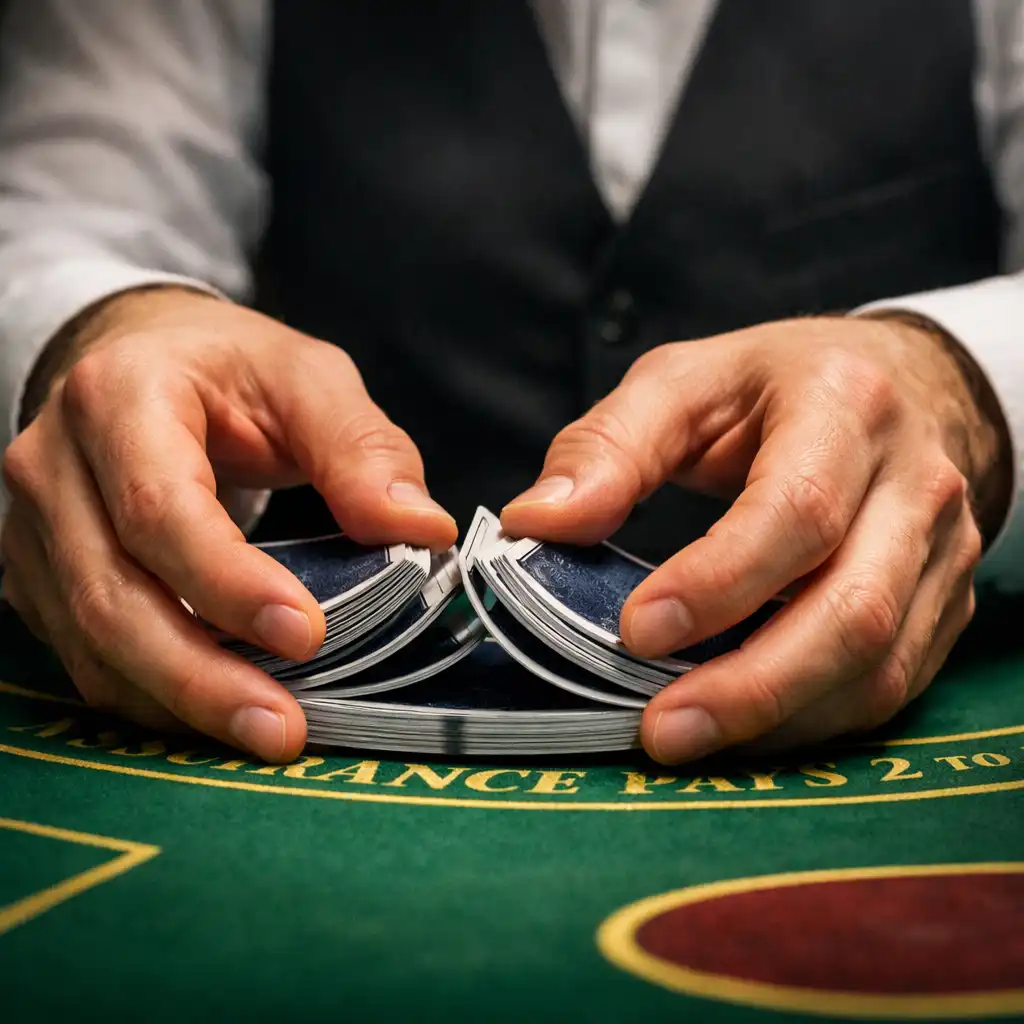 Zbliżenie na dłonie krupiera tasującego karty na stole do blackjacka