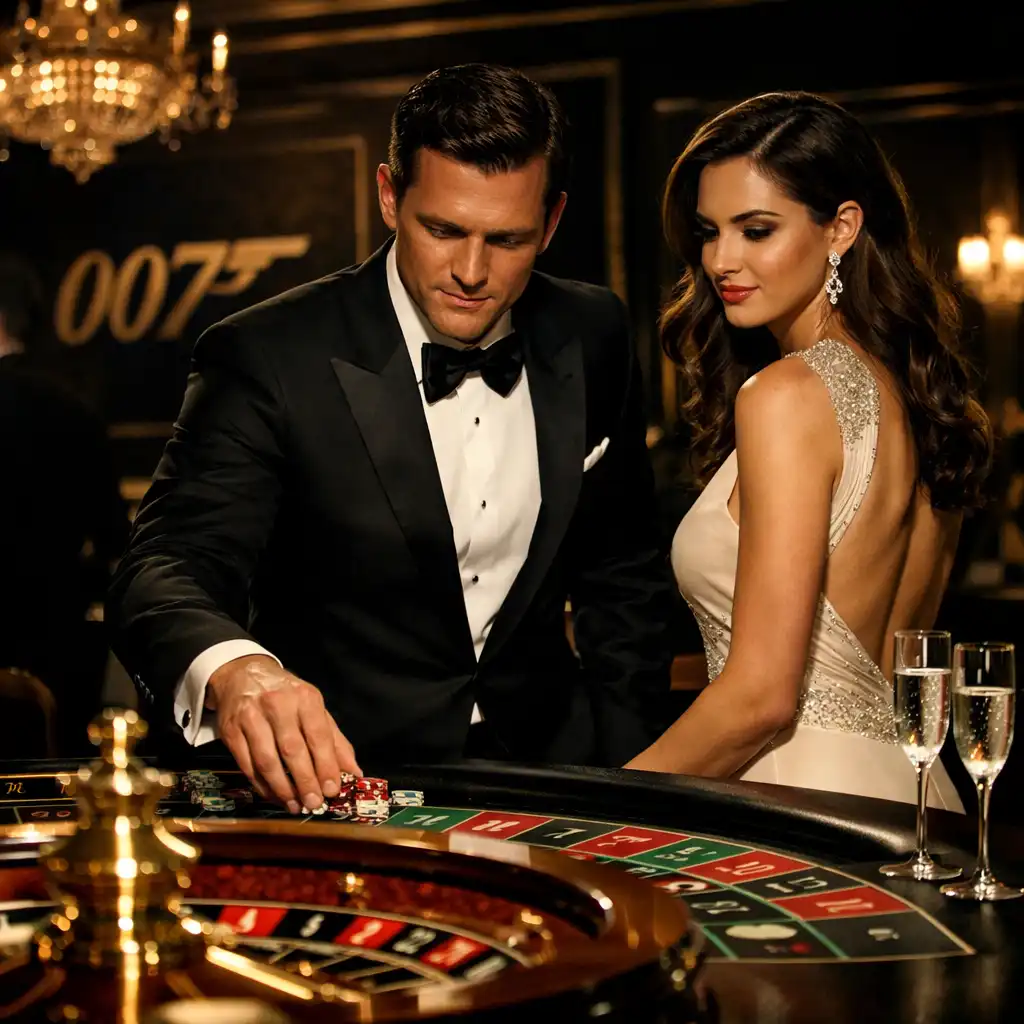 Para w eleganckich strojach przy stole do ruletki podczas wieczoru tematycznego w stylu Jamesa Bonda