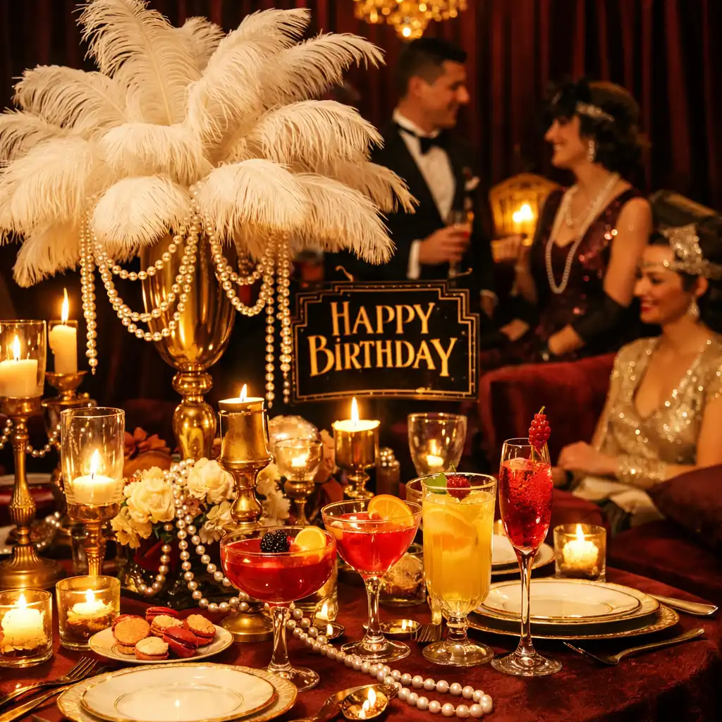 Kameralne przyjęcie urodzinowe w stylu wielkiego Gatsby'ego z elegancką zastawą, dekoracjami z piór i pereł oraz strefą lounge