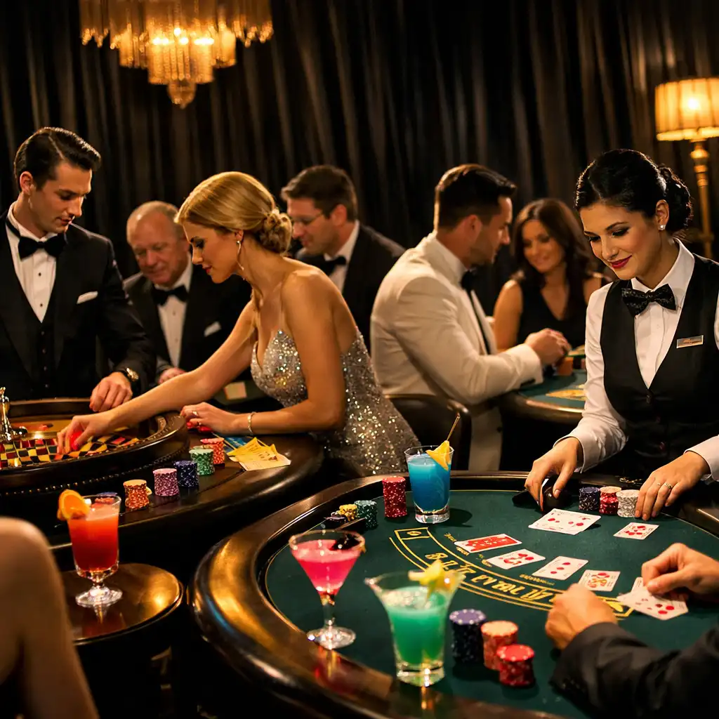 Wieczór tematyczny w stylu kasyna Monte Carlo z prawdziwymi stołami do ruletki i blackjacka oraz gośćmi w formalnych strojach