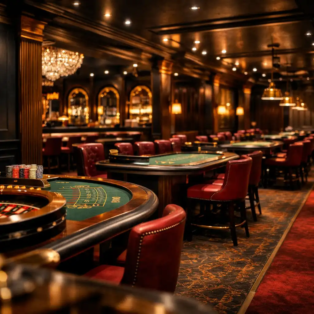 Aranżacja strefy kasynowej z rzędami stołów do ruletki i blackjacka w eleganckim wnętrzu