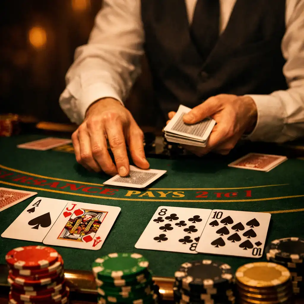Zbliżenie na stół do blackjacka z kartami, żetonami i ręką krupiera